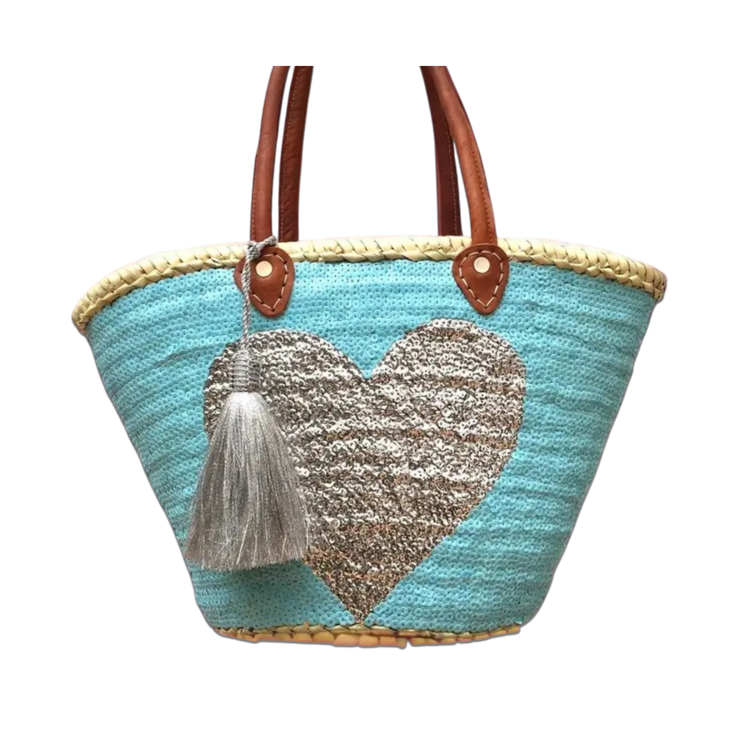 Turquoise & Silver Sequins Straw Bag with Tassel & Leather Handles