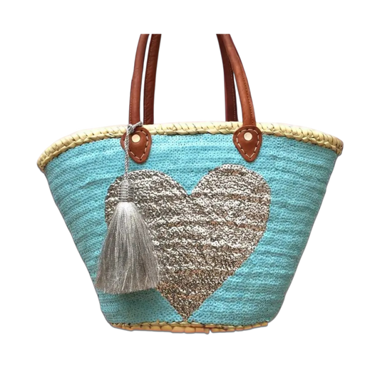 Turquoise & Silver Sequins Straw Bag with Tassel & Leather Handles