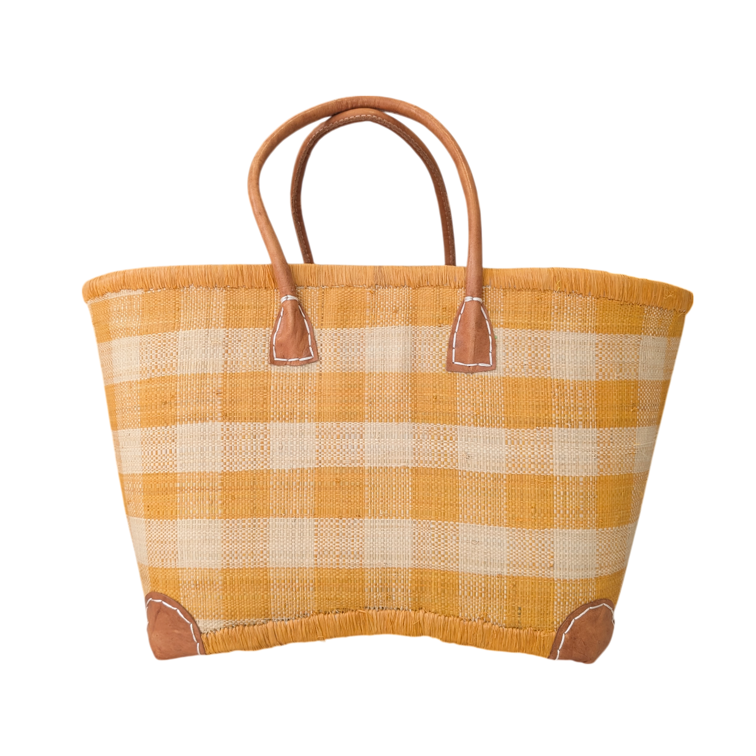 Yellow Chequered Straw Bag with Leather Handles