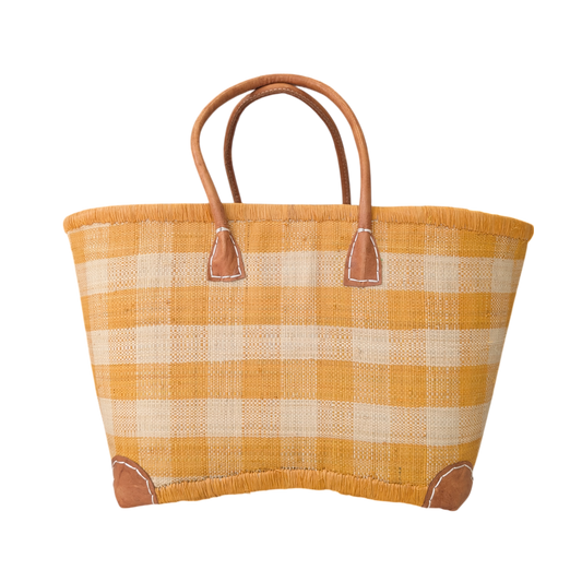 Yellow Chequered Straw Bag with Leather Handles